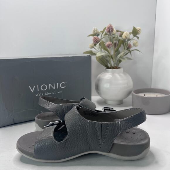 Vionic Albie Strappy Travel Leather Sandal Gray Orthotic Women 7.5 Wide - Picture 6 of 10